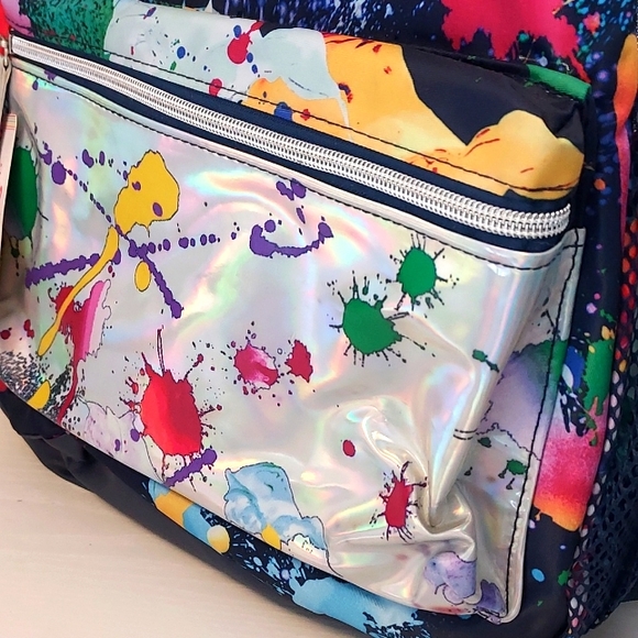 Girls 17" Justice Backpack Iridescent Blue Multi-Color Splatter - Picture 8 of 9